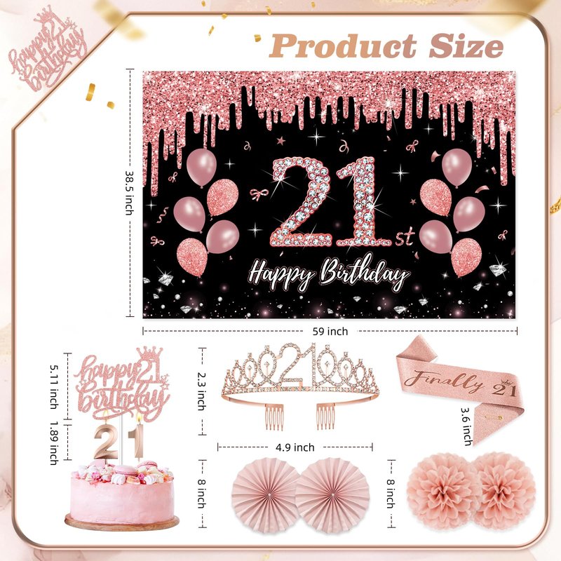 21st Birthday Decorations for Her,50Pcs PRE-STRUNG Rose Gold Black Party Set-21 Years Old Crown and Sash,Banner,Hanging Swirl,Backdrop Decor,CakeTopper,Age Candle, Balloons,Paper Fans,PRE-ASSEMBLED