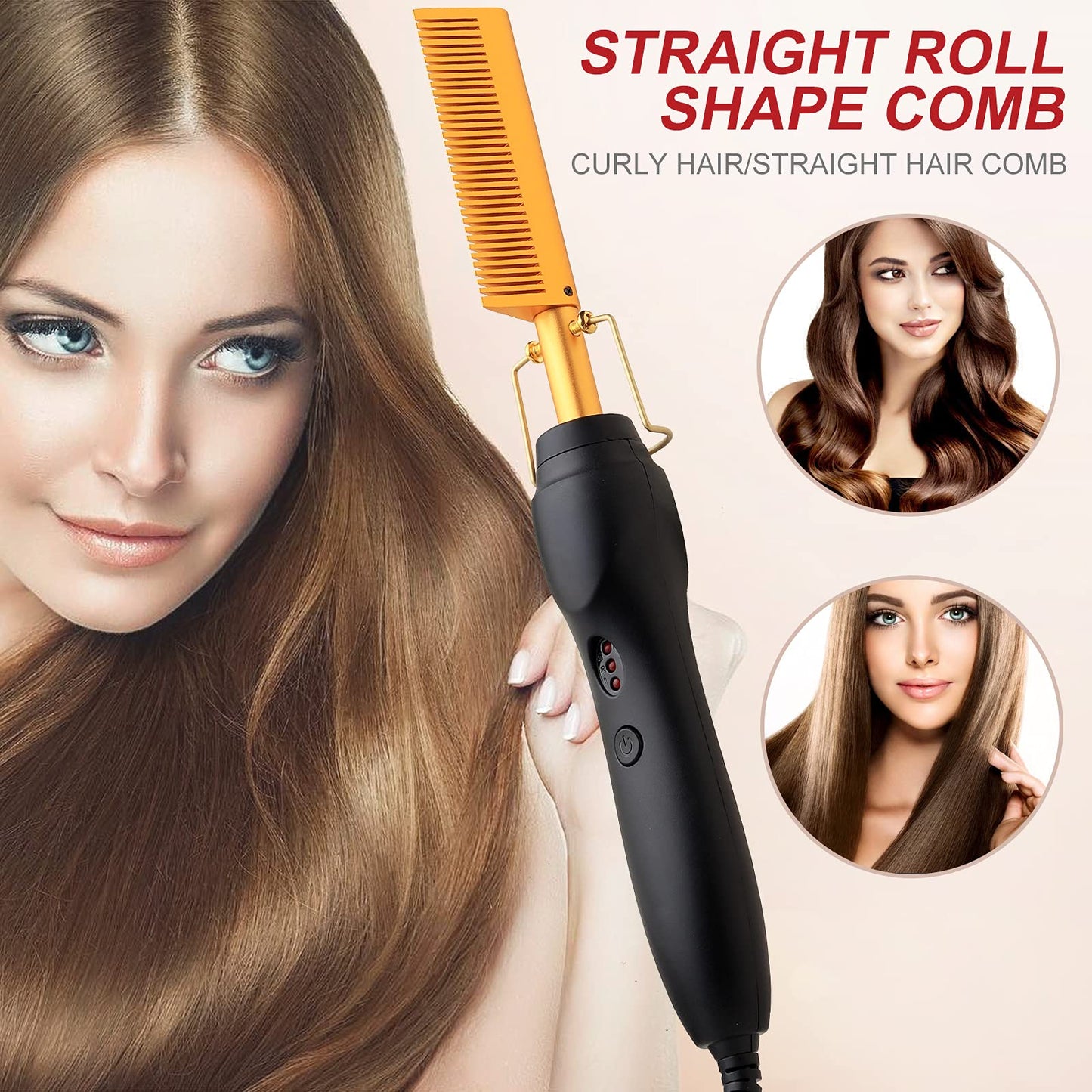 Electric Hot Comb Hair Straightener Heat Pressing Comb Curling Flat Iron Curler Hair Straightener Brush for Natural Black,Anti-Scald Beard Straightening Electric Press Comb