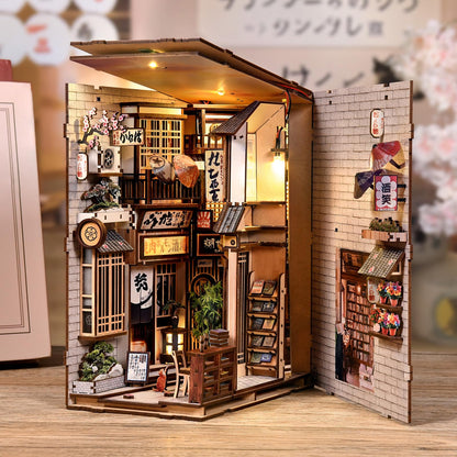 Reenovan Book Nook Kit, DIY Miniature House Kit for Adults & Teens, Japanese Alley Scene Bookshelf Insert Decor with LED, 3D Wooden Puzzle Gift for Book Lovers (Cat Alley)