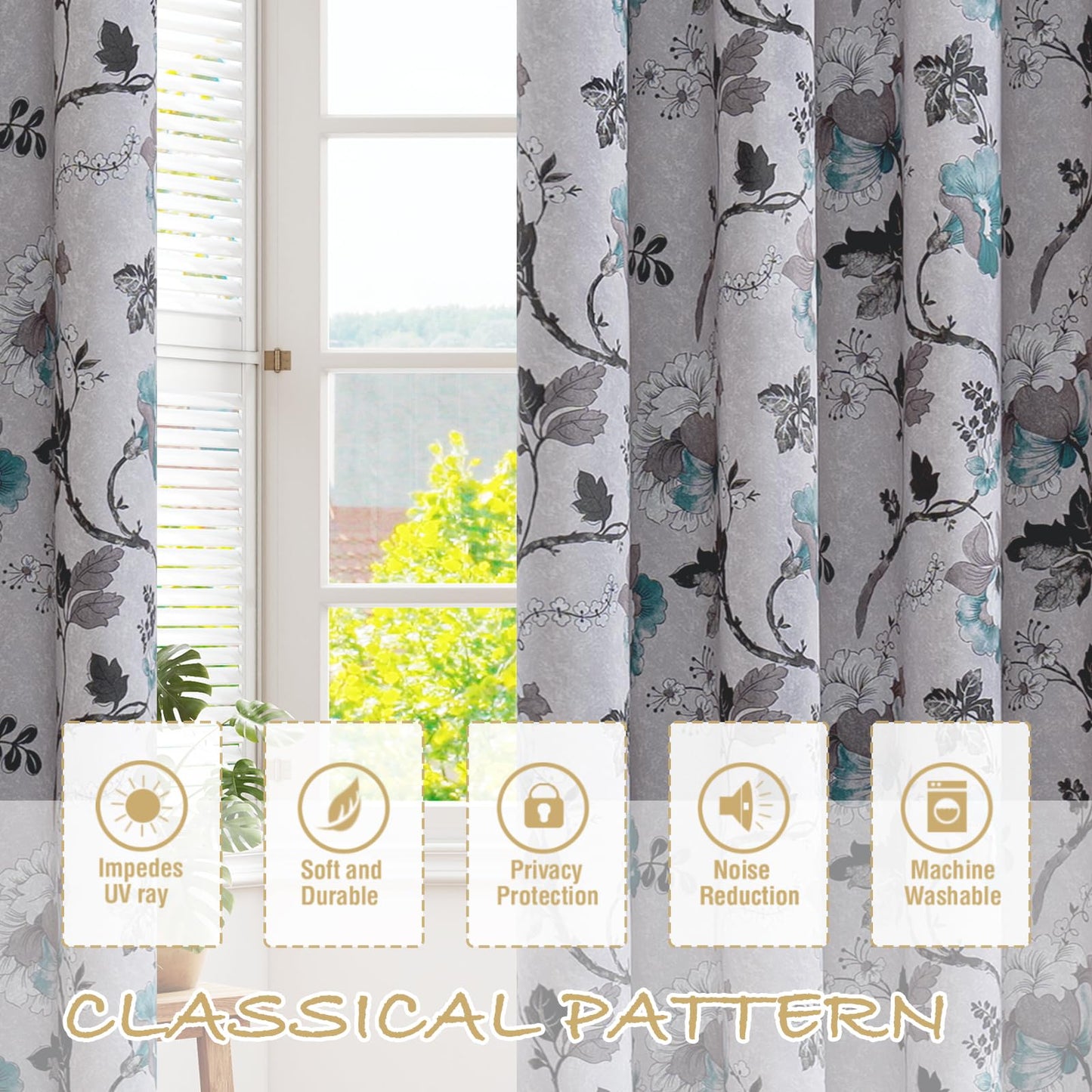 H.VERSAILTEX Blackout Curtains for Bedroom/Living Room Thermal Insulated Printed Curtain Drapes 84 Inches Long Energy Efficient Room Darkening Curtains Pair (2 Panels), Vintage Floral Grey & Teal