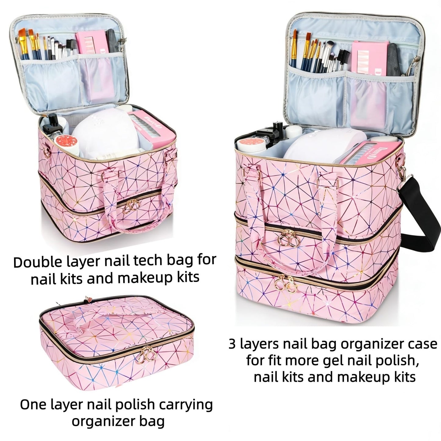 MZTXY Nail Polish Organizer Bag Holds 84 Bottles & Nail Lamp, 3 Layers Nail Kit Storage Carrying Case Pu Leather, Large Nail Supplies Organizer With Shoulder Strap, Portable Travel Nail Bag,Pink