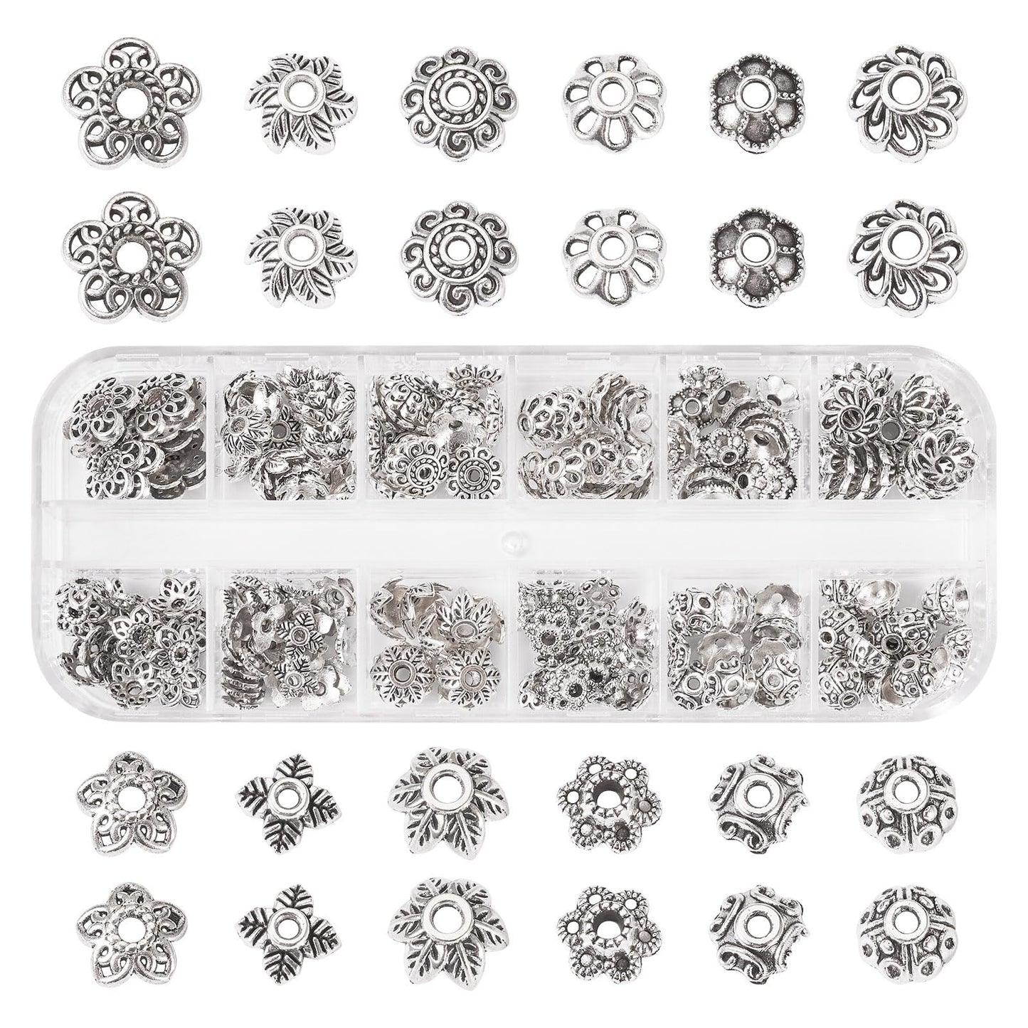 Craftdady 230pcs Antique Silver Bead Caps Tibetan Alloy Flower Bead Caps Metal Multi Petal Spacer Beads Vintage End Caps Beads 6.9 mm-10 mm for DIY Craft Earring Bracelet Jewelry Making