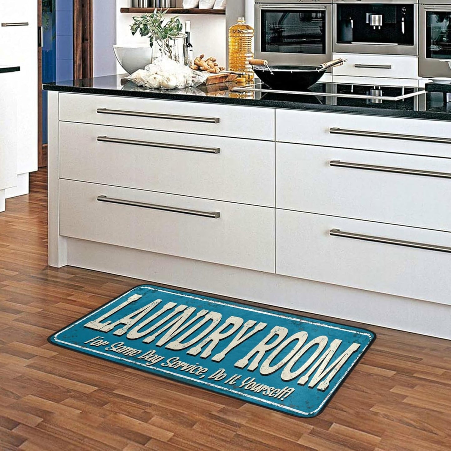 KLL Laundry Room Kitchen Floor Mats, Non-Slip Blue Background Modern Polyester Indoor Outdoor Aqua Area Rugs, Living