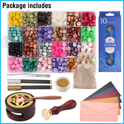 CHUHUAYUAN Wax Seal Stamp Kit - 24 Colors, 624 Pcs Stamp Beads, Sealing Wax Warmer, Metallic Pen & Envelope, Gift & Decoration Set