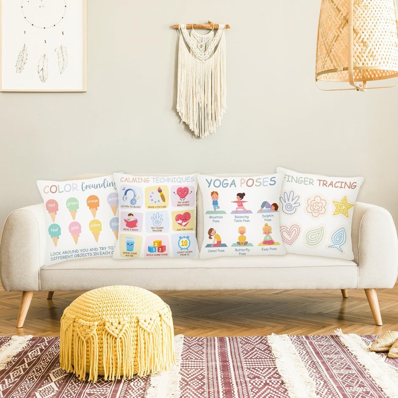 EDaozkend Boho Calming Corner Pillow Covers, 4Pcs Back to School 18x18 Boho Calm Down Corner Therapy Pillowcase for Mental Health Room Home, Emotion Feelings Pillow Covers Inspirational Gifts for Kids