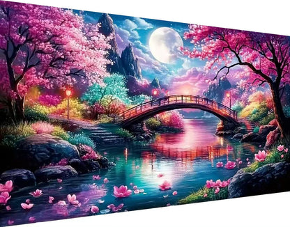 pchmcu 5D Large Diamond Painting,Cherry Scenery with Moon Bridge Extra Large Diamond Art Kits for Adults,DIY Round Full Drill Crystal Rhinestone Arts and Crafts Home Wall Decor 27.5 X 15.7inch