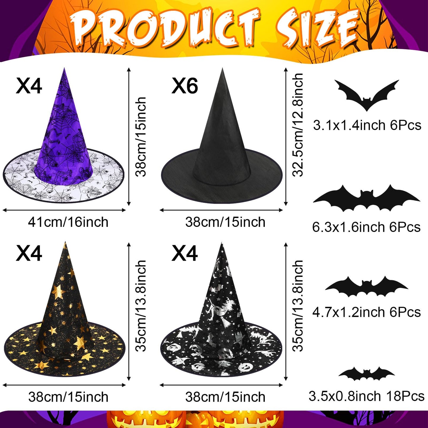 Jenaai 85 Pcs Witch Hat Kit Halloween Decorations Including 16 Hats 36 Bat 30 Fake Spiders 2 Creepy Cloth 60g Spiderweb