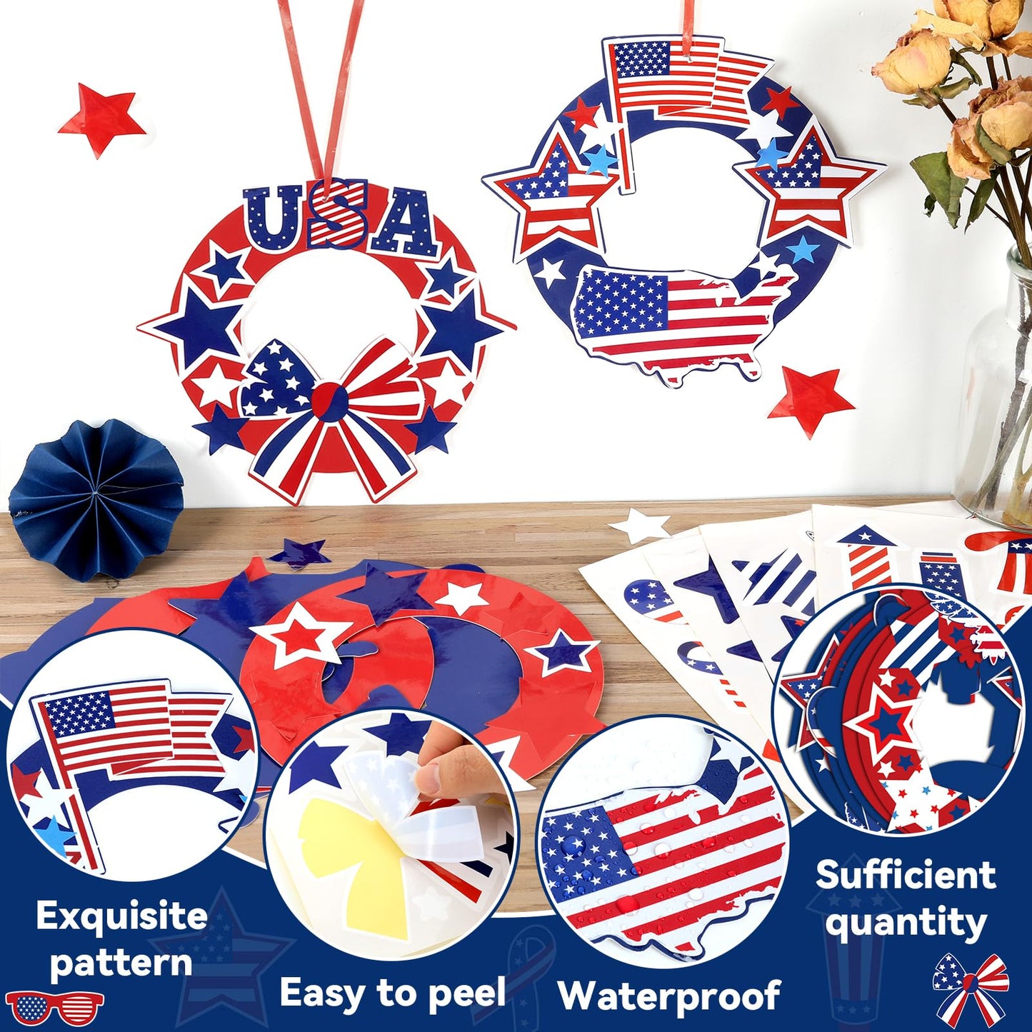 QOUBAI 36 Set Patriotic Wreath Craft Kit for DIY 4th of July Paper Crafts American Flag Stickers Hanging Ornament for Memorial Independence Day Art Activity Home Decor Supplies