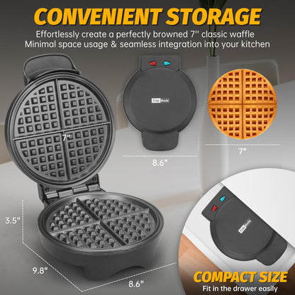 FineMade 7 Inches Round Classic Waffle Maker Machine, Mini Waffle Maker, Non-stick Waffle Irons, Thin Waffle Maker Crispy, Black