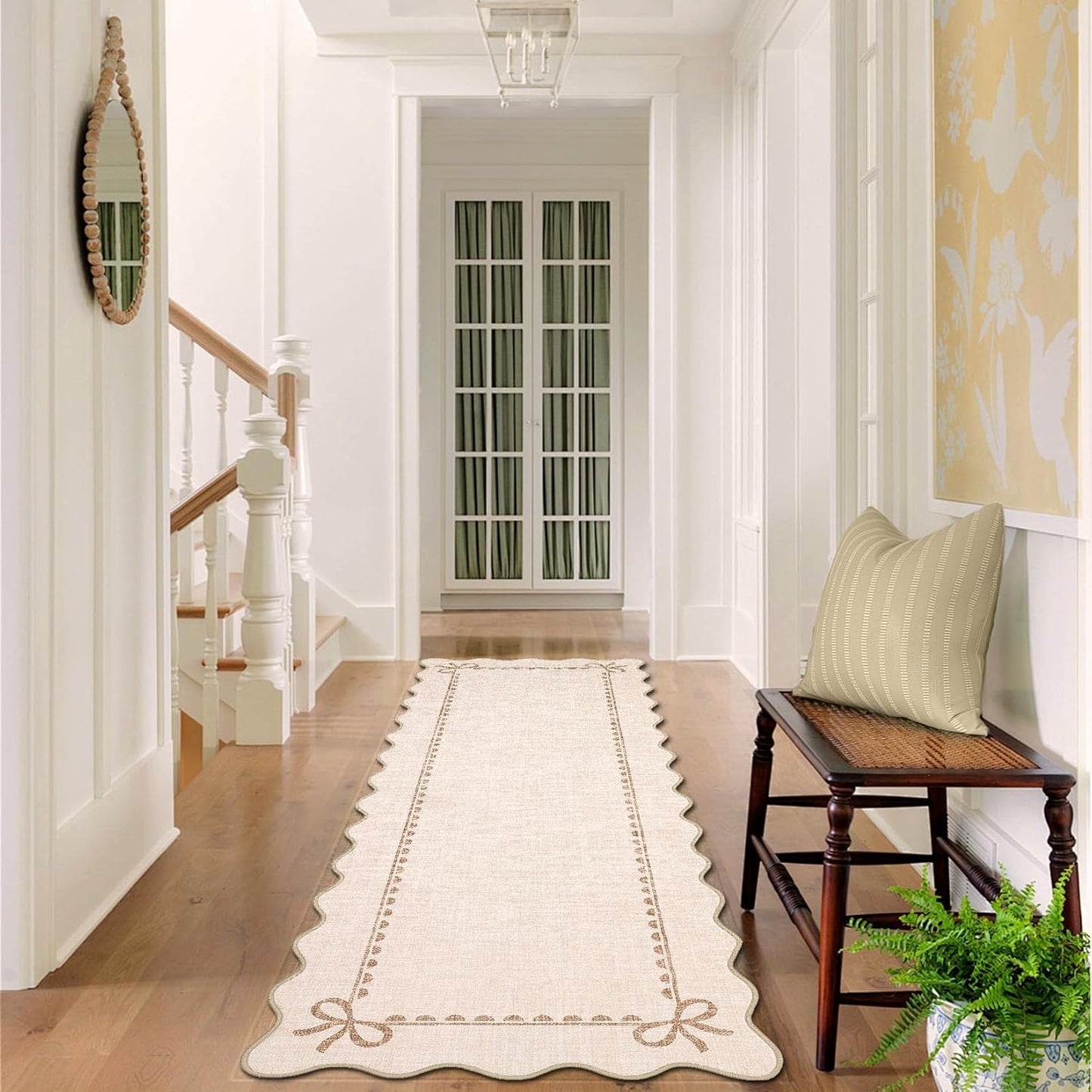 2.5x8 GarveeHome Scalloped Bow Rug for Living Room, Solid Beige Rug for Dorm, Washable Runner Rug Soft Low Pile Non