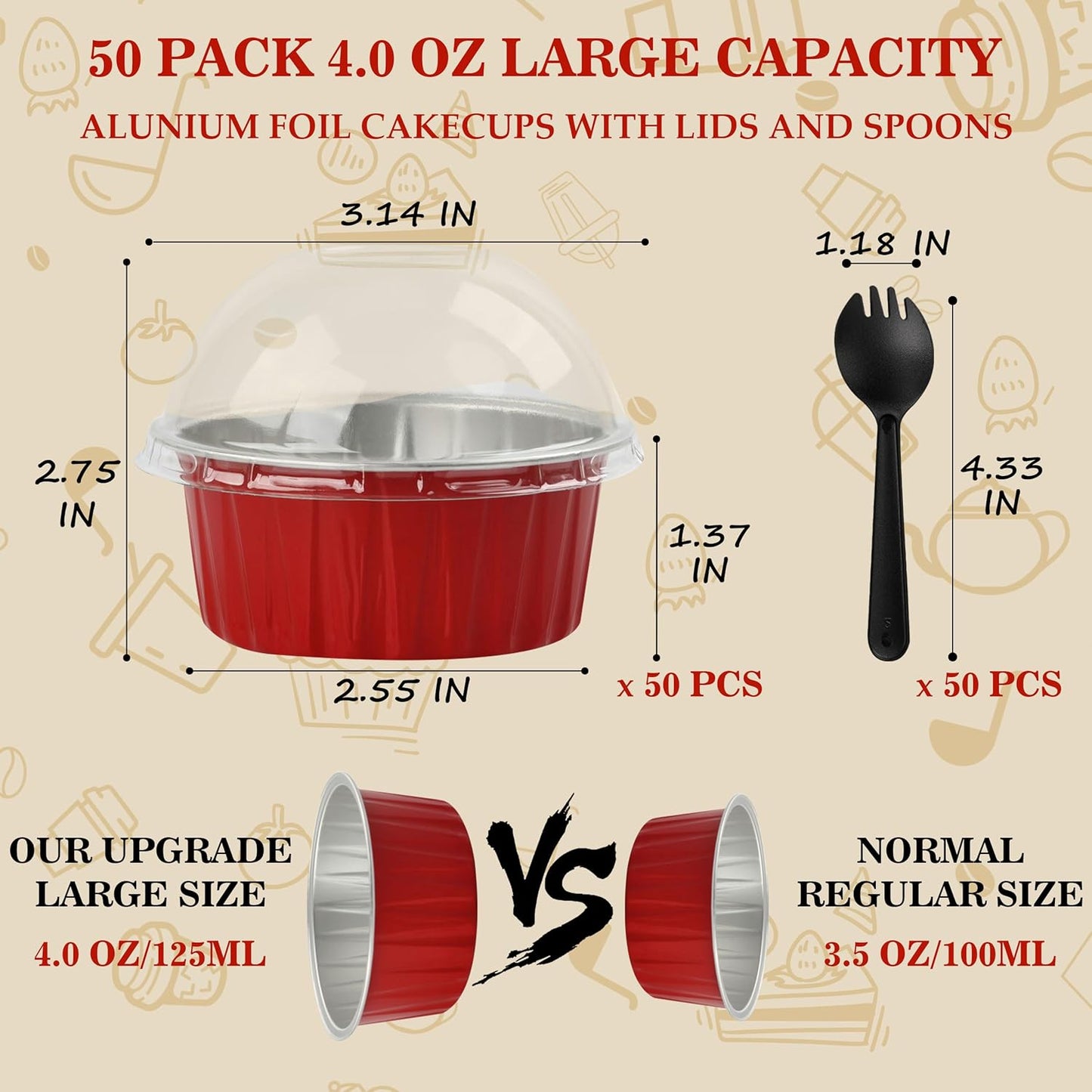BAKINGPAK 50PCS Mini Aluminum Pans with Lids, 4OZ Baking Cups, Disposable Ramekins, Red Mini Cake Pans for Birthday