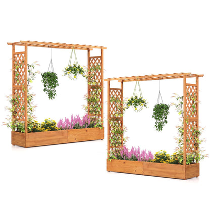 Giantex Set of 2 Raised Garden Bed with Trellis & Hanging Roof, Wood Planter Box with Bottom and Drainage Holes, Freestanding Garden Planter for Flower Vegetable Fruit Herb Climbing Vines, 77"x17"x70"