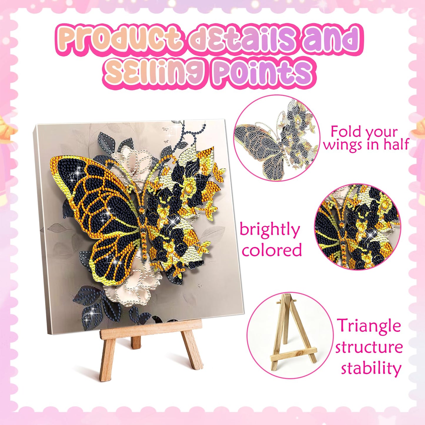 SJTYDX 5D Diamond Art Butterfly Kit with Frame, Flower Diamond Painting for Adults Beginners, DIY Gem Painting Craft with Easel, Diamond Paint Kit for Home Decor & Unique Gift, 7.8x7.8 Inc