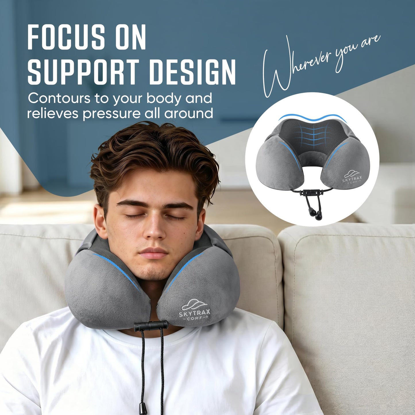 SkytraxComf® Travel Neck Pillow with Hood for Privacy on Long Flights
