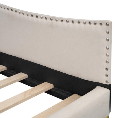 Full Size Upholstered Daybed with Headboard and Armrest, Linen-Finish Bed with Support Legs, Modern Sofa Bed for Guest Rooms, Studio Apartments, or Living Spaces, Sturdy Pine Wood Frame, Beige