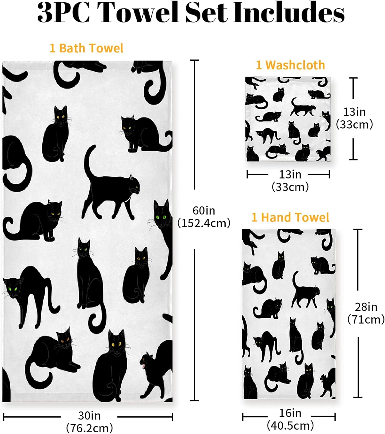 3 Sets, 1 1 1 Set Black Cats Piece Towel Bathroom Bath Towel, Washcloth, Hand Towel, Cotton Fast Dry Soft Absorbent