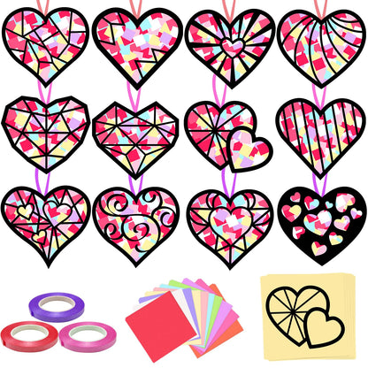 KOPOOEOE 48 Sets Valentines Day Suncatchers Craft DIY Heart Tissue Paper Crafts Kits Valentine Heart Hanging Decorations for Classroom Home Window Stained Glass Effect Art Supplies