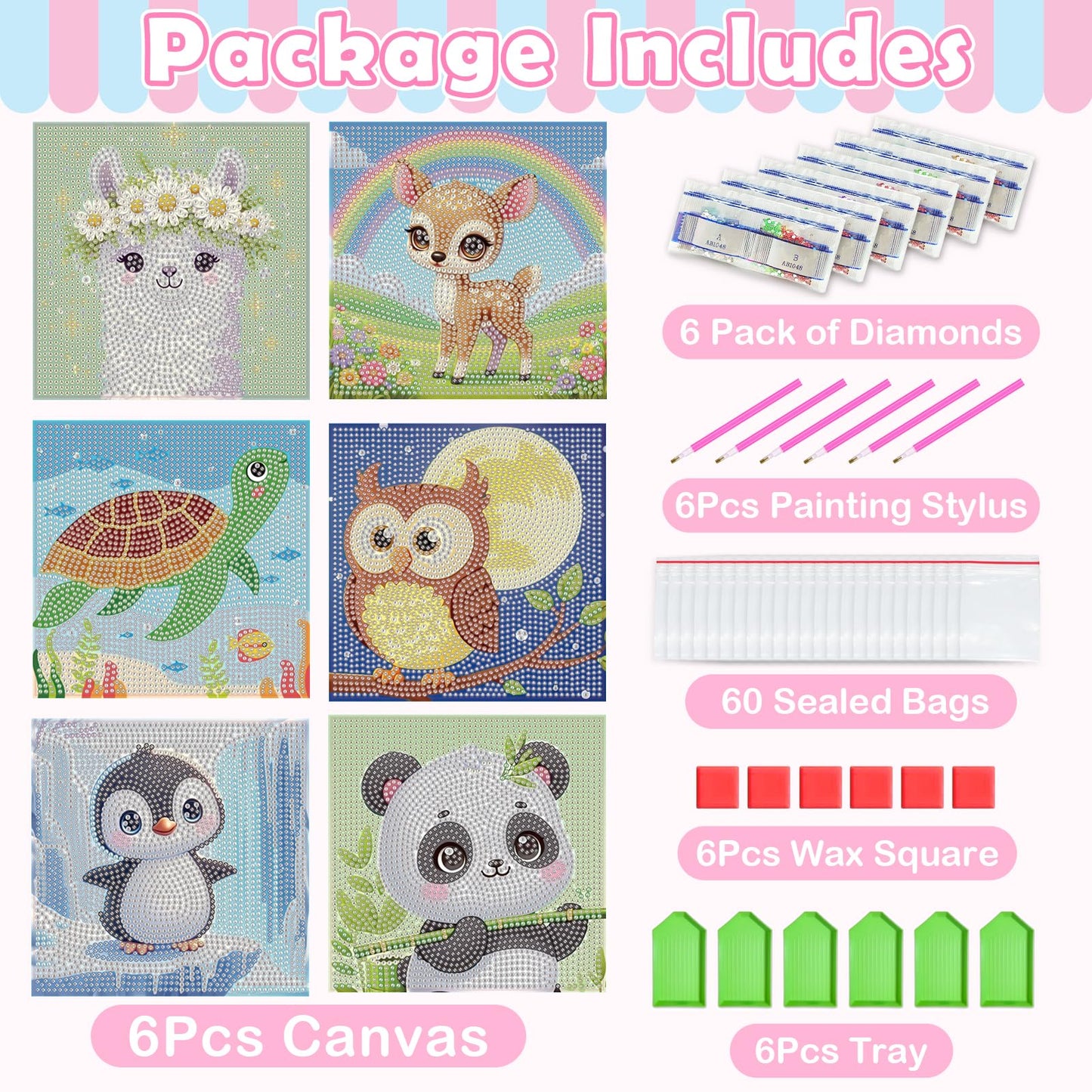 NANZHOO Diamond Art Kits for Kids, 6 Pack 5D Cartoon Diamond Painting Kits for Adults Beginner, Cute Animals DIY Big Gem Art Arts and Crafts for Kid Mosaic Kits for Gift Home Wall Decoration 6X6 inch
