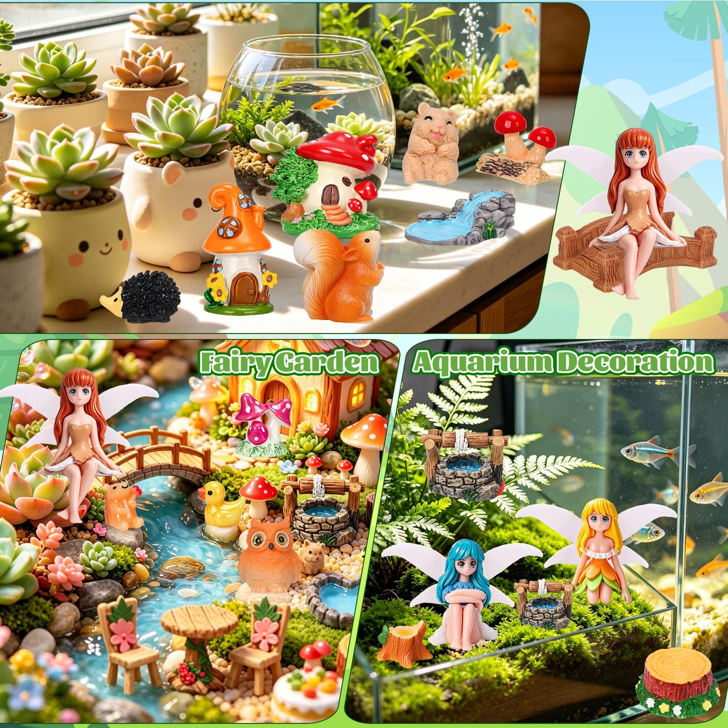 QAUYETM 40Pcs Fairy Garden Accessories Miniature Garden Ornaments Kit with Mini Animal Plant Fairies Furniture House Figures Bulk for Micro Landscape DIY Terrarium Potted Plants Dollhouse Decor