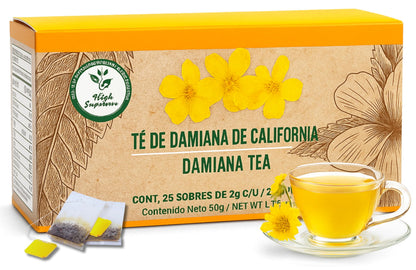 Damiana Herbal Tea – 100% Turnera diffusa – 25 Tea Bags – Natural Caffeine-Free Infusion – Traditional Herbal Beverage – Té de Damiana de California – Hecho en México