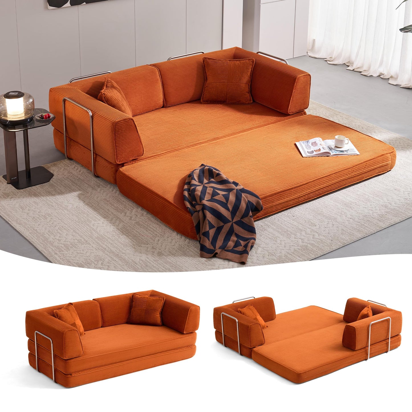 LINSY HOME Sofa Bed Couch - Convertible Boneless Couch Bed with 2 Pillow (Orange)