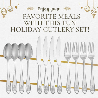 Spode Christmas Tree Collection 20-Piece Stainless Steel Flatware Set - Holiday Cutlery Set - Dishwasher Safe Silverware - 4 Dinner Forks, Salad Forks, Dinner Knives, Tablespoons, Teaspoons