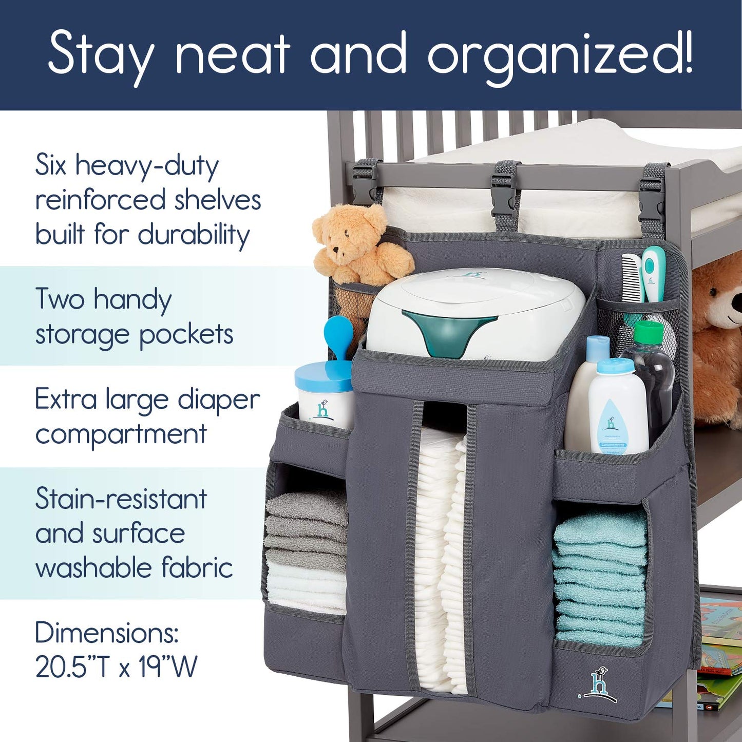 hiccapop Hanging Diaper Organizer for Changing Table and Cribs, Diaper Stacker and Nursery Organizer, Hanging Diaper Caddy Baby Essentials