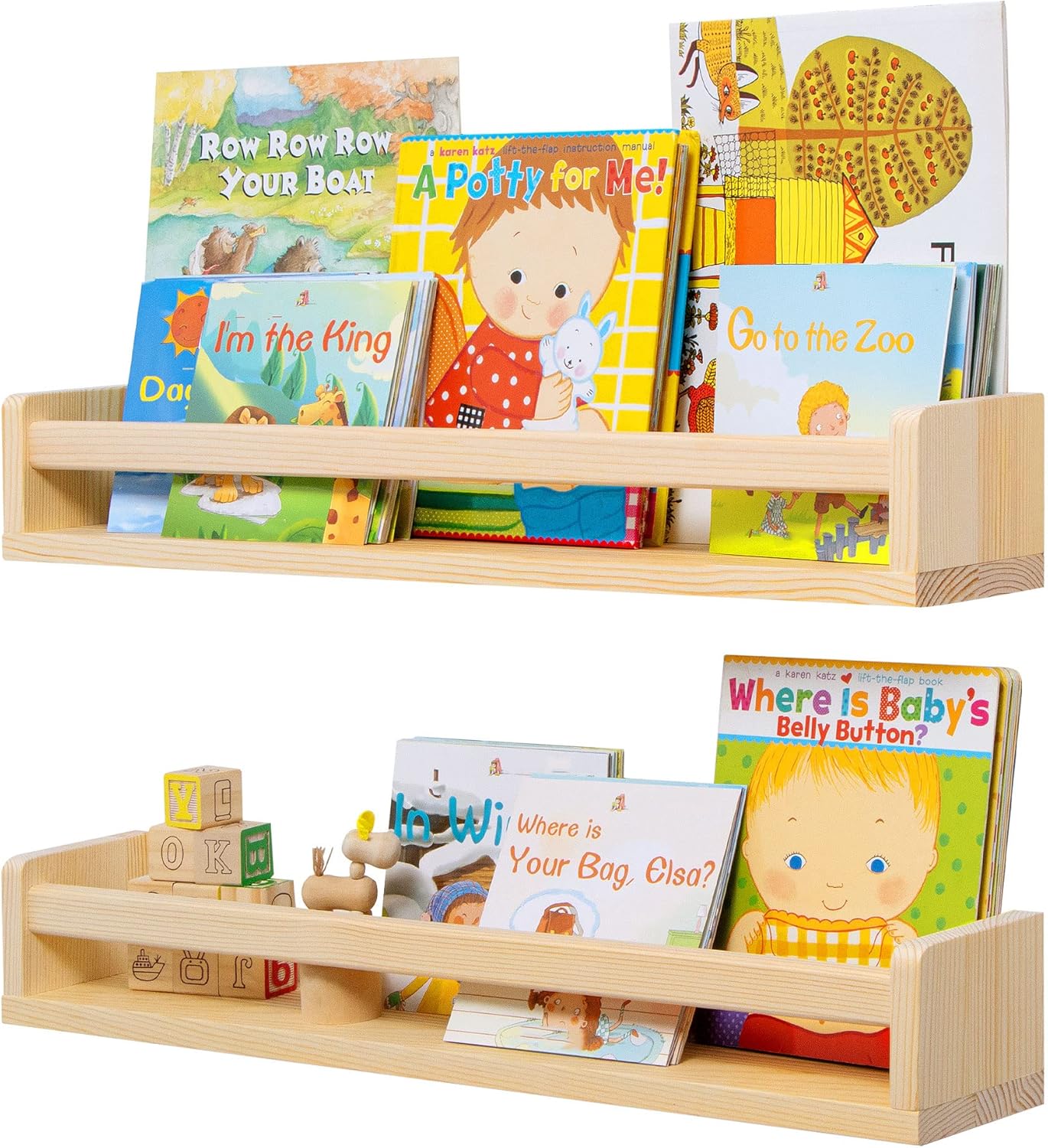 24Inch Set 2 Fun Memories Nursery Book Shelves, Floating Shelf for Wall, Wall Bookshelf for Kids Solid Wood Wall