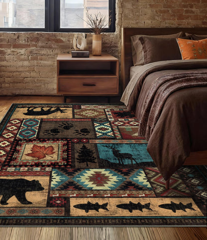 YIHOUSE Rustic Cabin Area Rug 5x7,Machine Washable Lodge Bear Rug,Non-Slip Low Pile Print Pattern Southwestern Rug for Living Room Bedroom