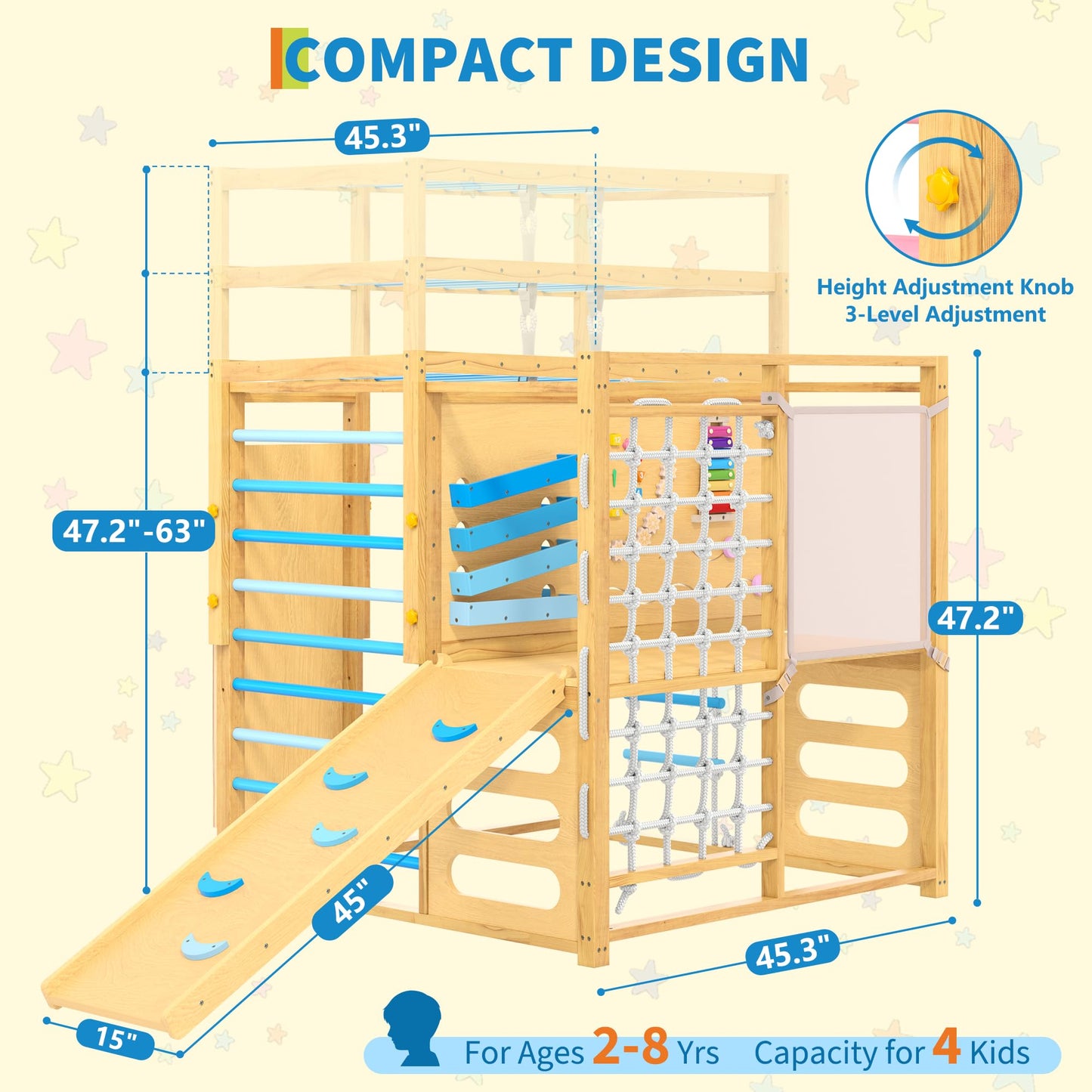 Garvee 9-in-1 Indoor Jungle Gym, Montessori Wooden Indoor Playground for Kids 2-8, Wooden Climbing Structure with Slide, Monkey Bars, Rope Ladder, Rock Wall, Climbing Net, Rings - Natural Wood Blue