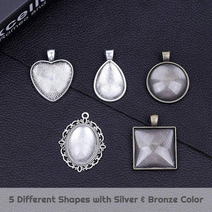 Anezus 60Pcs Pendant Trays, Bezel Pendant Trays Blanks with Glass Cabochons for Pendants Making and Jewelry Making, 5 Styles