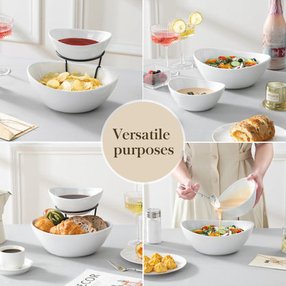 MALACASA 2 Tier Chip and Dip Serving Set with Metal Stand,Ceramic Appetizer Bowls for Party, Multi-Use Food Display for Fruits, Snacks,White Elegant Tiered Serving Dishes for Party