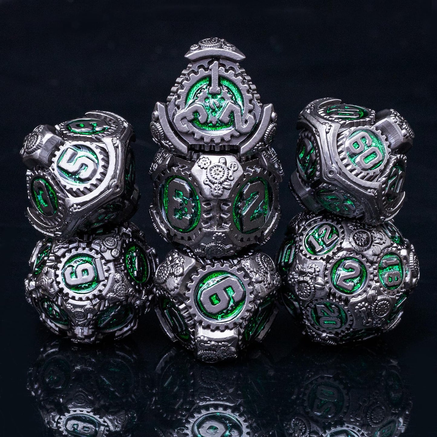 Rolledomain Metal DND Dice Set, Green Steampunk Machinist Gear Heavy Metal Dice Set with Gift Case, Dice Gift for D&D DM and Players, Designed for Dungeons and Dragon, MTG, TTRPG Role Playing Games