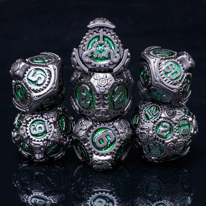Rolledomain Metal DND Dice Set, Green Steampunk Machinist Gear Heavy Metal Dice Set with Gift Case, Dice Gift for D&D DM and Players, Designed for Dungeons and Dragon, MTG, TTRPG Role Playing Games