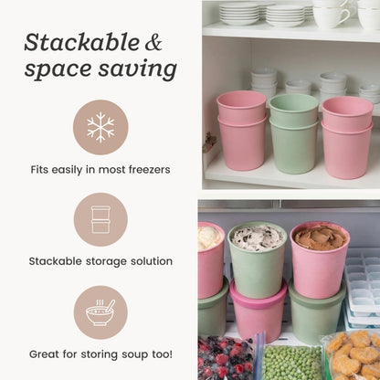 StarPack 'Freeze The Day' Homemade Ice Cream Containers (2-Pack, 1 Quart) - Airtight Silicone Lids, BPA-Free Reusable Ice Cream Freezer Containers with Lids, Stackable - Sage and Pink