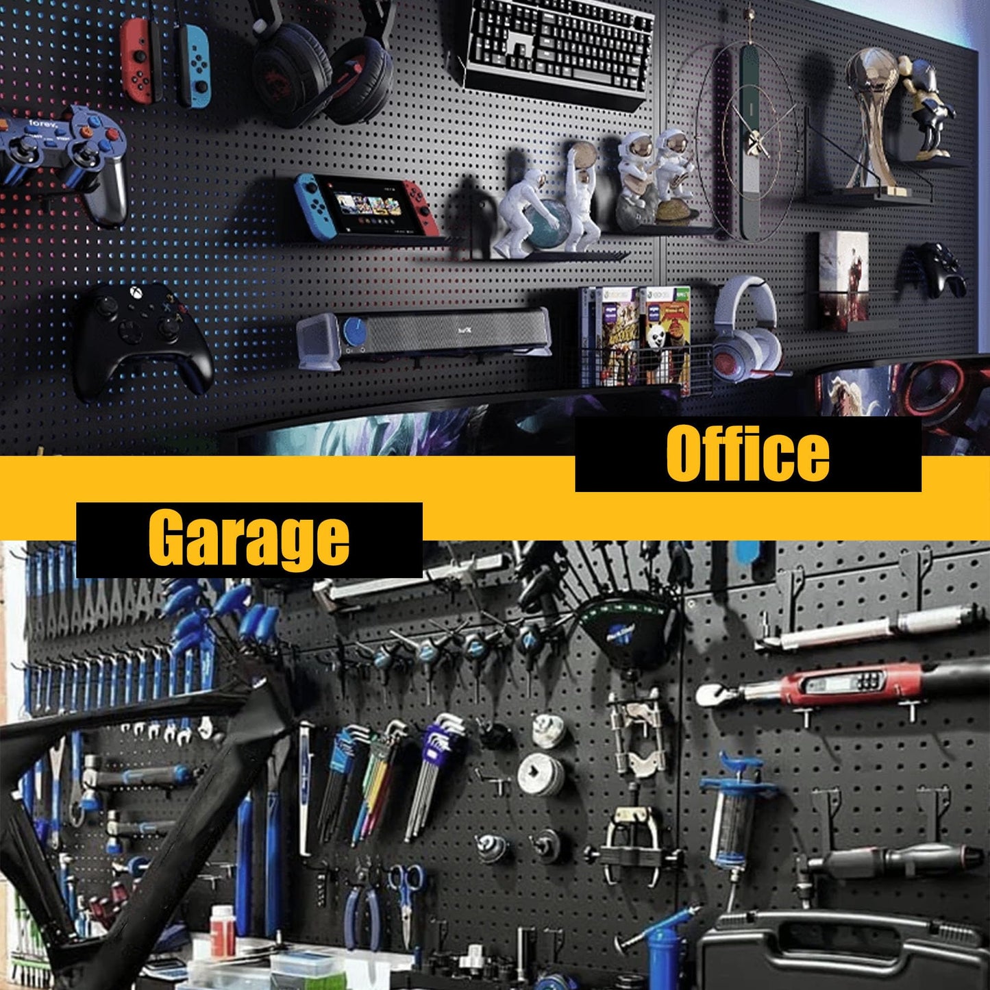 Spampur Peg Board, 4 Pack Metal Pegboard Panels with 50 Hooks, Black Pegboards Wall Organizer, Heavy Duty Peg Board for Walls Home, Garage Tool Storage, Office Organization, Craft Room, Kitchen