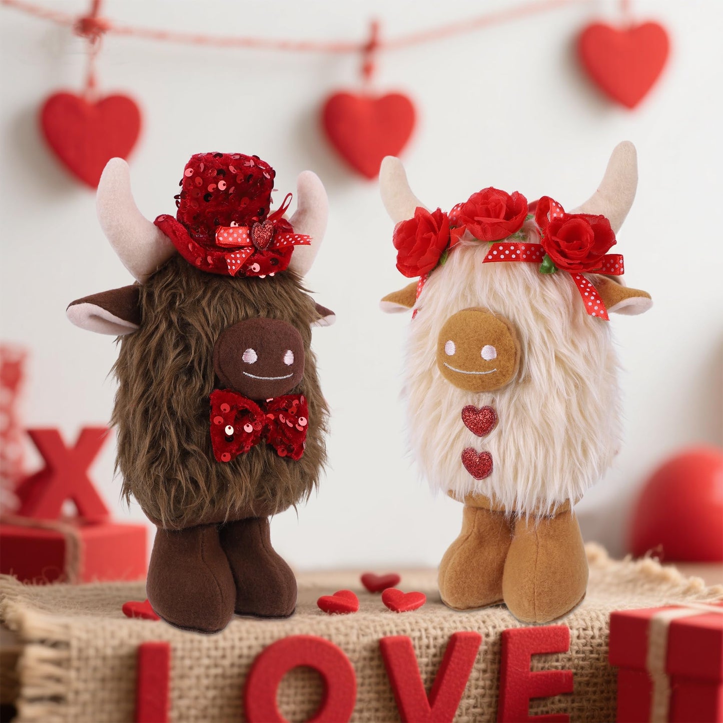 YOFIT 2 Pack Valentines Decorations for Home- Highland Cow Plush with Rose& Heart, Cute Valentine Day Desk & Shelf Display, Romantic Indoor Decor, Valentines Gift for Her/Him