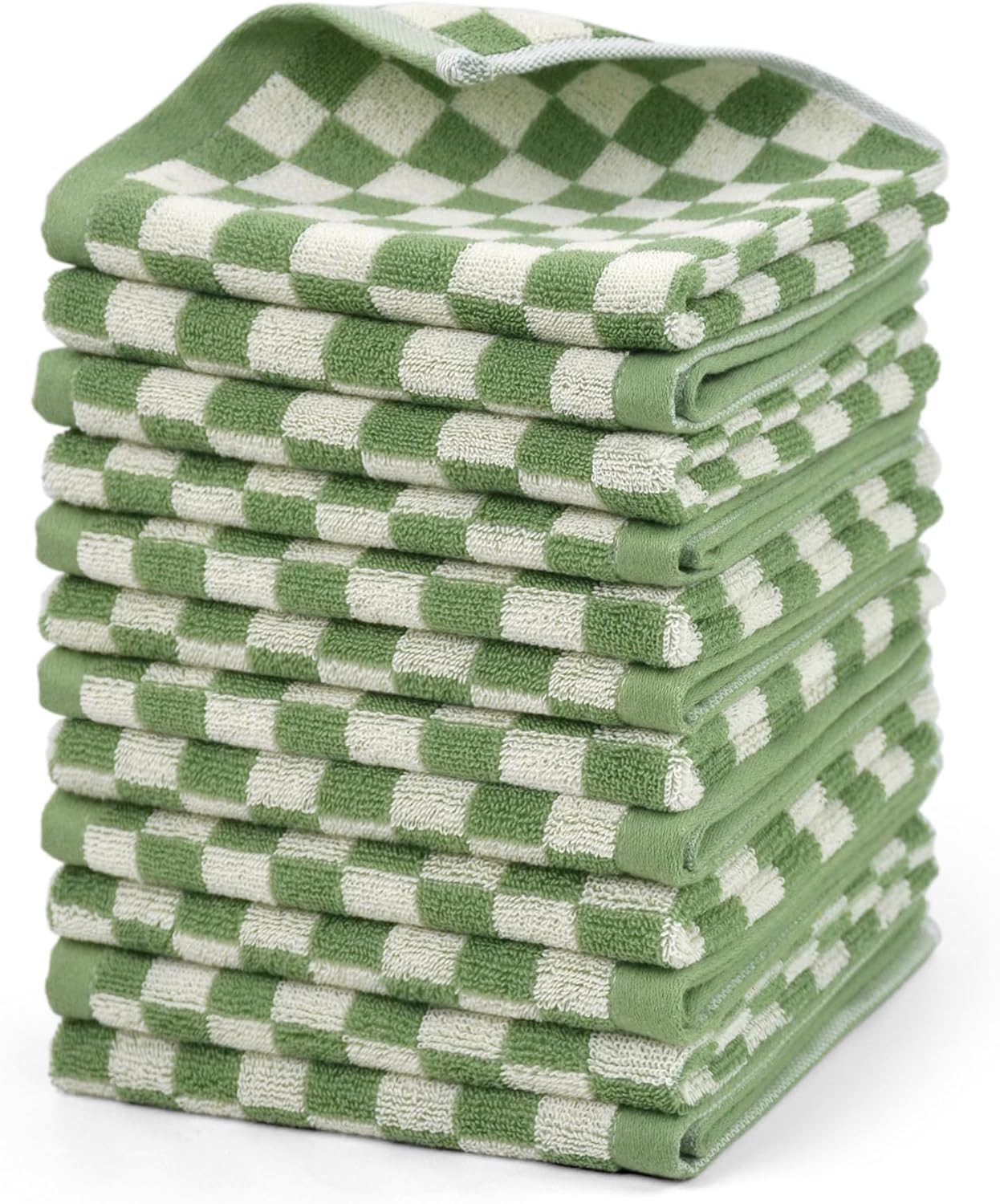 12 Pack 13x13 Inches, Jacquotha Wash Cloths Super Soft (Green Checkered), Wash Clothes Cotton Face Cloths for Washing