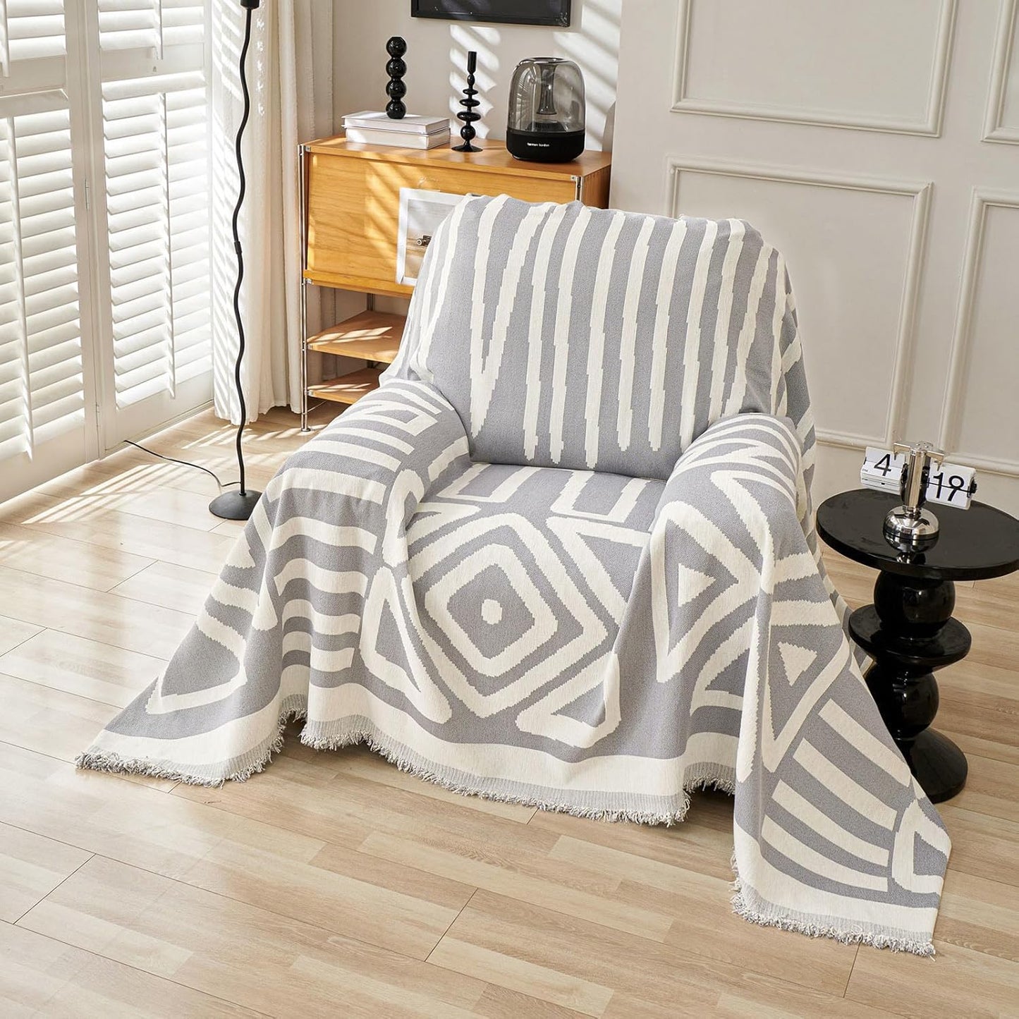 71"x71", 1 VClife Bohemian Aztec Accent Chair Cover Gray White Geometric Tribal Chenille Armchair Slipcover Reversible
