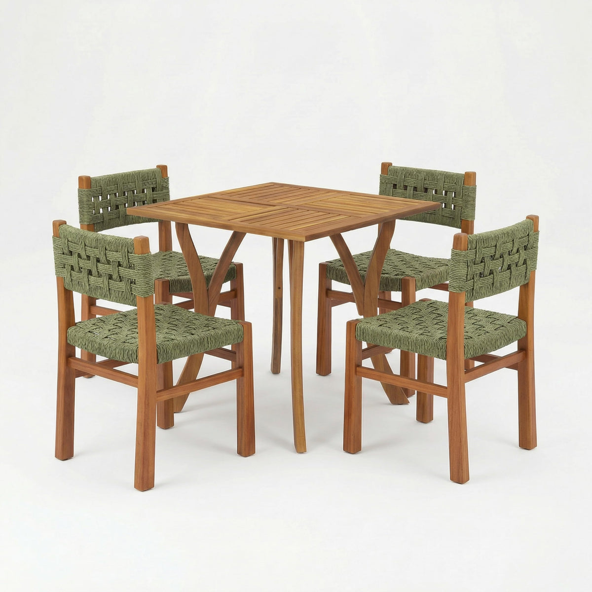 Christopher Knight Home 5 Piece Outdoor Dining Set Acacia Wood Square Table and 4 Green Wicker Chairs Teak Finish Patio Furniture Set for Garden Backyard Balcony Deck