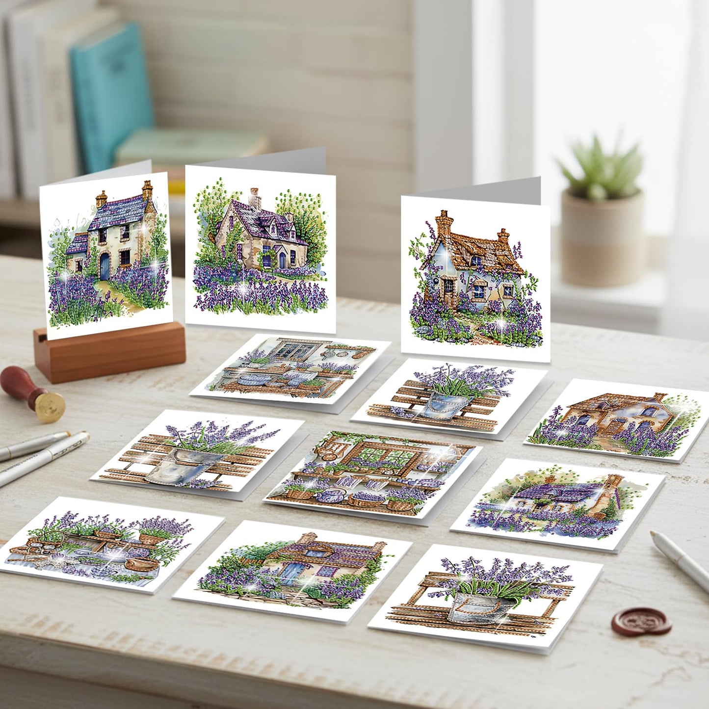 C'eitura 12Pcs Lavender Diamond Art Painting Greeting Card Kit with Envelopes, DIY Floral Christmas Birthday Thanksgiving Card Making Set, Calming Handmade Card Craft