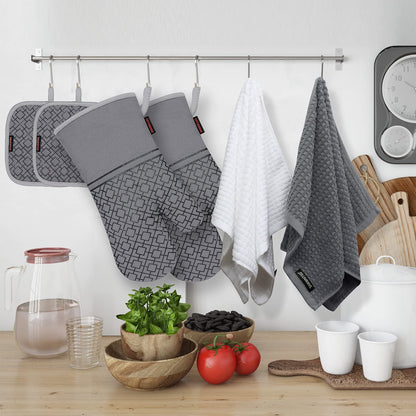 Oven Mitts and Pot Holders Sets 6pcs, Kitchen Oven Glove,High Heat Resistant 550 Degree Extra Long Oven Mitts and Potholders with Non-Slip Silicone Surface for Home Essentials (Grey) (Gray)