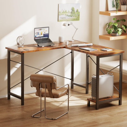 DUMOS L Shaped Desk Corner Computer Table 47 Inch, L-Shaped Gaming Desks with Storage Shelf Reversible, Wood Tables with Side Bag Adjustable Feet for 2 Monitors Small Space Home Office Bedroom, Brown