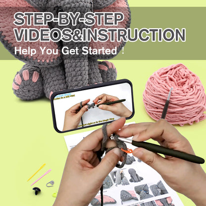 CODGP Crochet Kit for Beginners,13in Crochet Animal Kit Elephant,Crochet Starter Kit Gift for Adults with Yarn Sets,Amigurumi Crochet Kit with Step-by-Step Video Tutorials