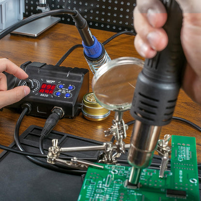 WEP 882D Soldering Iron Station 2-IN-1 SMD Hot Air Rework Station with 2 Spools of Solder Wire, 5 Soldering Tips, 3 Hot Air Nozzles, Brass Wool Tip Cleaner, Tweezers, Desoldering pump