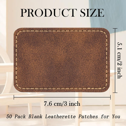 50 Pack Blank Leatherette Hat Patch with Adhesive, Rectangle Laserable Leatherette Patch, Faux Leather Patches for Hats Custom Fabric Repair Sew Laser Supplies (Chestnut, 3 x 2 Inches)