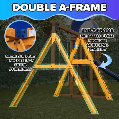 Sportspower Amelia Galaxy Cedar Wooden Swing Set for Night Play with 2 LED Swings, Play Fort with Sandbox, Heavy Duty Double A-Frame, on 6ft LED Slide, Bonus Anchor Kit