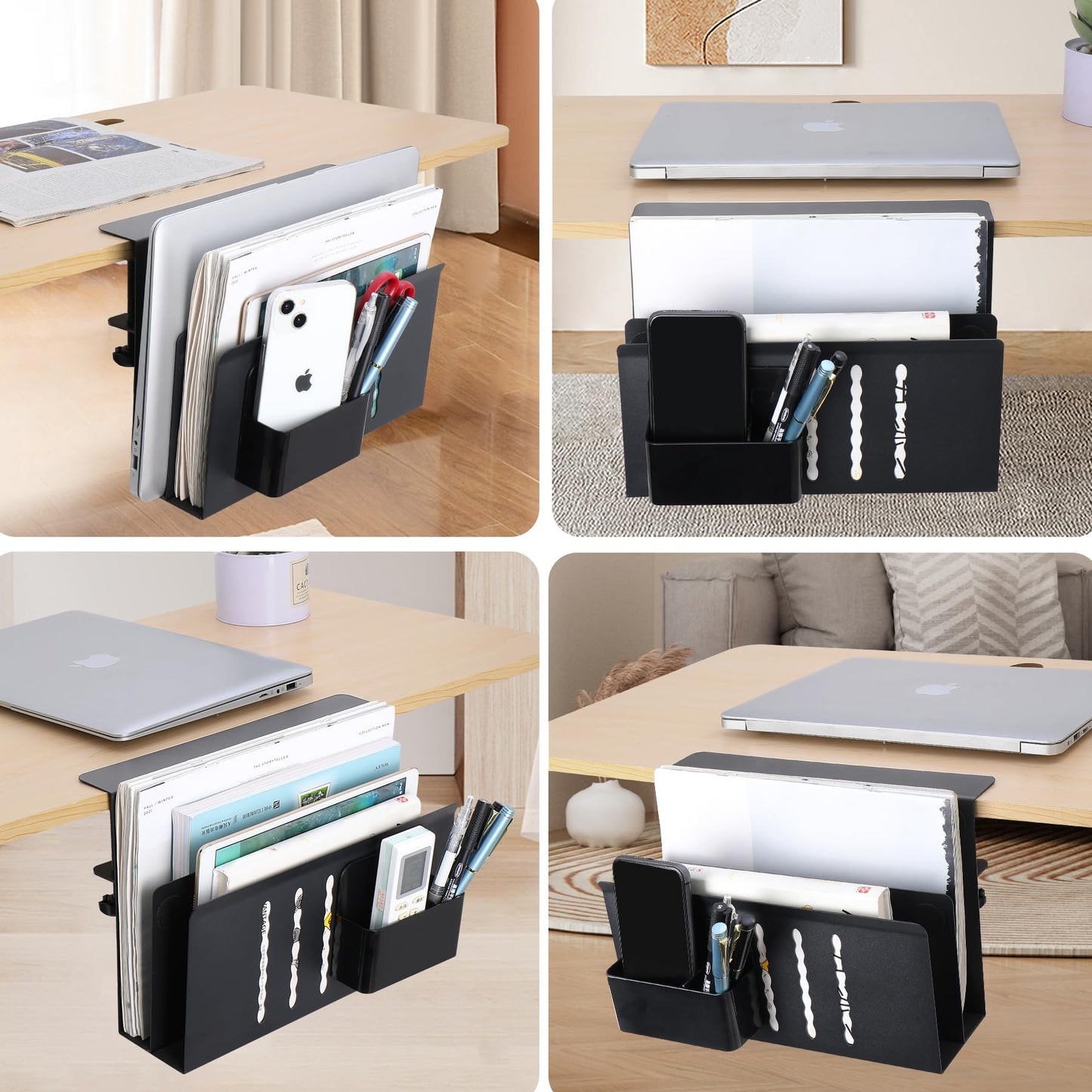 Desk Side Storage Under Desk Laptop Holder, No Drill Hanging Desk Organizer with Pen Holder, Clamp-On Table Side Tray Desktop Organization Mount for Office and Home (White)