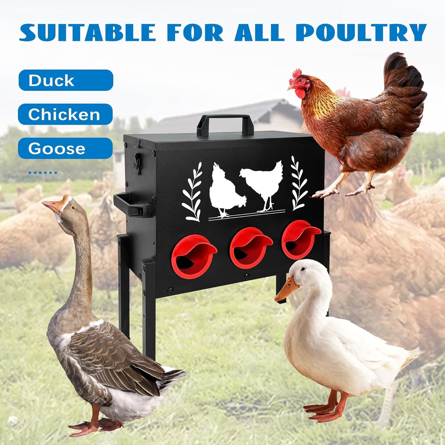 koretech 30 lb 6 Chicken Feeders, Capacity Port Automatic Chicken Feeder, Metal Chick Feeder with Locking Lid and Legs