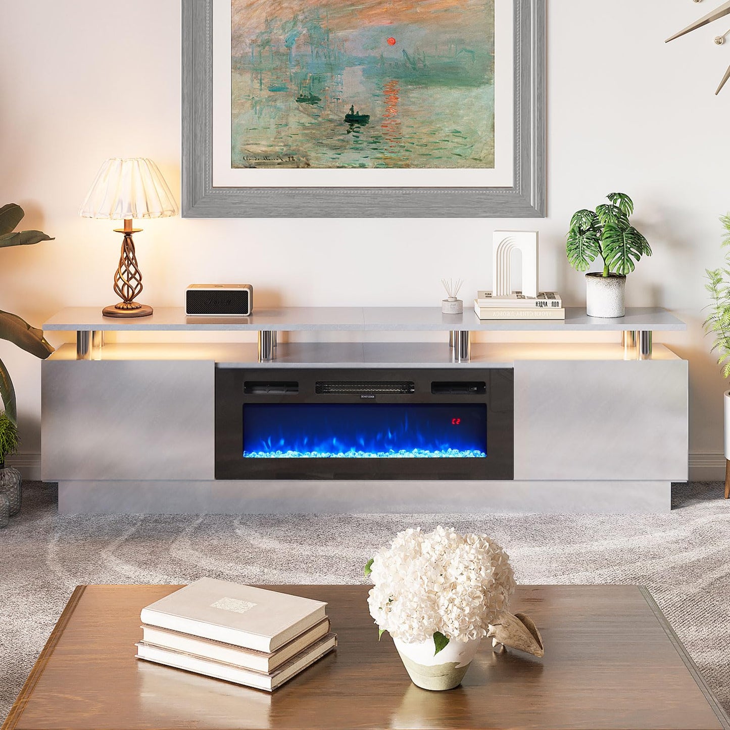 OneBlis 80" TV Stand & Entertainment Center, Media Console with Storage Cabinet, Fits TVs up to 90", Modern Living Room Furniture, 36" Electric Fireplace (Grey+Black)